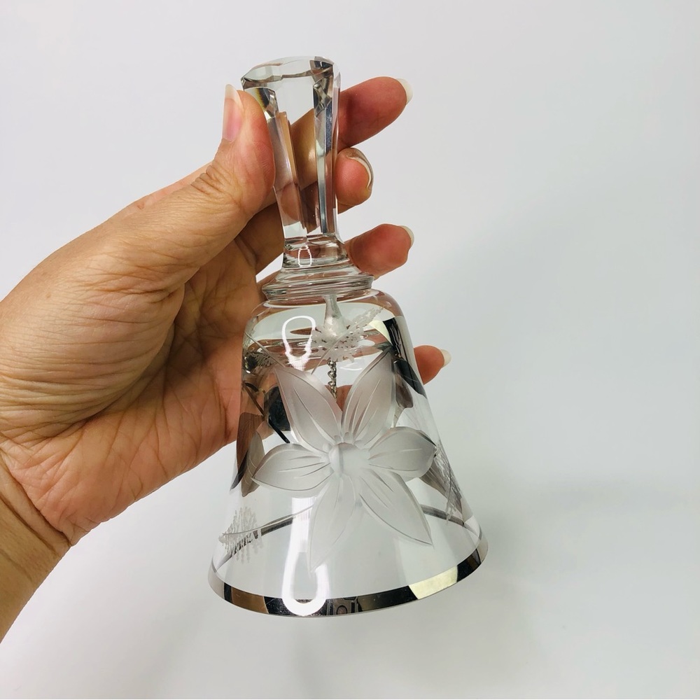 Bohemia Crystal Bell Czechoslovakia Silver Leaf Etched Flowers 5.5” T x 3” D